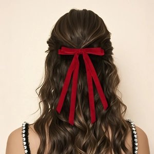 Fermaglio per capelli a fiocco in velluto rosso con nastri lunghi per uno stile elegante
