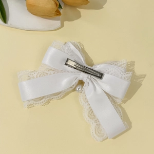 Elegant Lolita style white lace bow hair clip with pearl pendant for girls and women