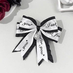 Lolita style black and white ruffled bow hair clip with silver heart zircon pendant