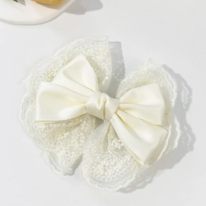 Elegant ivory lace and satin double bow hair clip for women stylish hair accessory