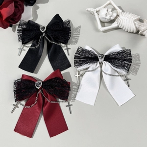 Pince à Cheveux Nœud en Dentelle Gothic Lolita Avec Strass Cœur Pendentif Croix Argent Chaîne Punk Coiffure Pour Femmes