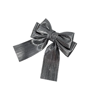 Elegant silver metallic pleated bow hair clip with fine shimmering fabric for women