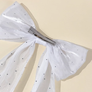 Elegant white shimmer gauze butterfly hair clip with sparkling silver dots decoration
