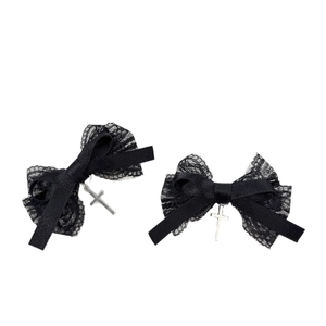 Gothic style black lace bow hair clips with silver cross pendants for women