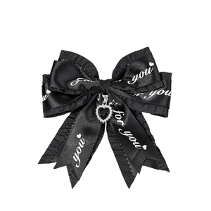 Lolita black satin bow hair clip with heart pendant and ruffled edge for women
