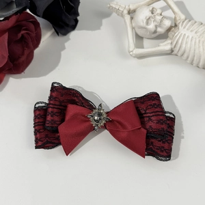 Gothic Lolita bow hair clip with dark red satin, black lace, and vintage silver gem
