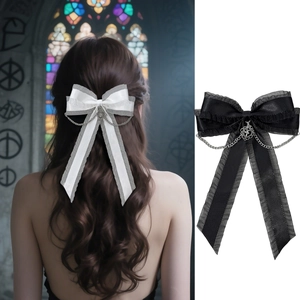 Gothic Lolita Bow Hair Clip With Metal Chain Heart Cross Pendant Lace Satin Ribbon Streamer Hair Accessories For Women