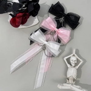 Gothic Lolita bow hair clips with heart chains in black, pink, and white satin lace