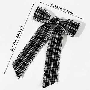 Size specifications for the black and white plaid bow hair clip with long ribbons