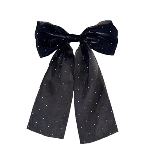 Elegant black tulle oversized bow hair clip with silver rhinestones and long streamers