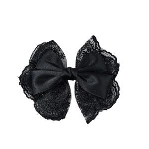 Elegant black lace bow hair clip for women with satin ribbon and floral lace details