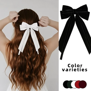 Elegant velvet bow hair clip with long ribbons in multiple colors for women