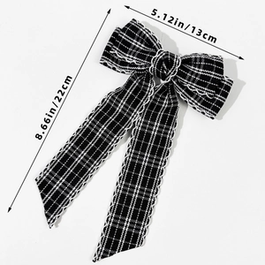 Detailed dimensions of the black and white plaid bow hairclip with lace trim and long ribbons