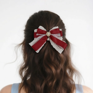 Lolita style red satin bow hair clip with white lace and dangling pearl pendant for women