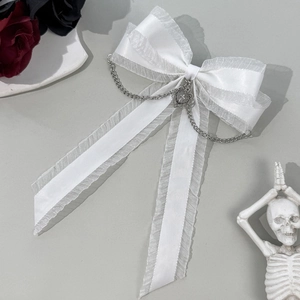 Gothic white ribbon bow hair clip with lace trim, silver chain, and heart cross pendant