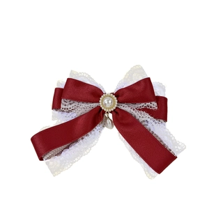 Elegant Lolita wine red bow hair clip with lace, pearls and a teardrop pendant