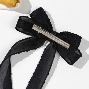 Elegant black mesh bow hair clip with long ribbons and metal alligator clip for girls