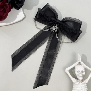 Gothic black lace bow hair clip with silver heart cross charms and chain detailing