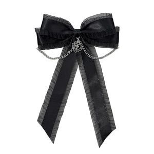 Gothic Lolita black satin bow hair clip with sheer lace edge and silver heart cross charm