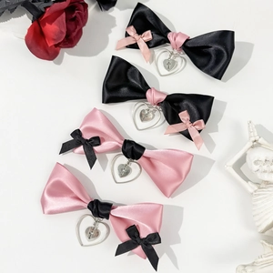 Gothic Lolita Satin Bow Hair Clip With Heart Cross Pendant Sweet Cool Girl Side Hairpin Hair Accessories For Women