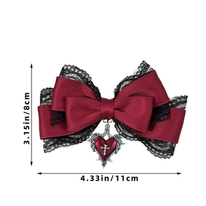 Gothic wine red bow hair clip with black lace and silver heart cross pendant