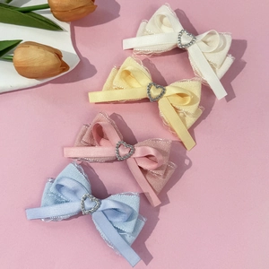 Sweet Bow Hair Clip Heart Rhinestone Lace Satin Ribbon Duckbill Clip For Girls Women Princess Style Hair Accessory