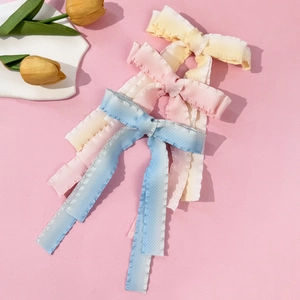 Sweet Gradient Bowknot Hair Clip With Long Streamers Ruffle Edge Ribbon Barrettes Elegant Princess Hair Accessories For Women