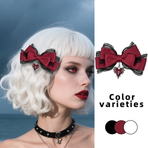 Gothic wine red ribbon hair clip with black lace and silver heart cross pendant