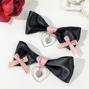 Gothic Lolita black bow hair clips with pink ribbon and heart cross charms set