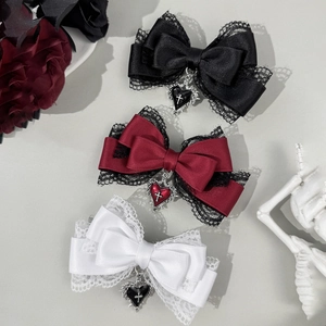 Gothic Lolita Satin Bow Hair Clip With Lace Trim Heart Cross Pendant Dark Cool Style Duckbill Clip For Women Hair Accessory