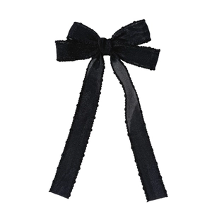 Elegant black mesh bow hair clip with scalloped edges and shimmering ribbon tails