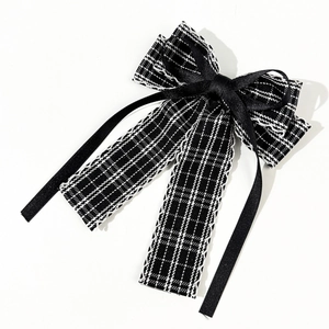 Barrette à cheveux japonaise à nœud pied-de-poule noir et blanc avec rubans longs