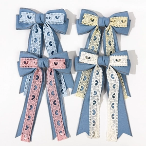 Pince à Cheveux Nœud en Denim et Dentelle Motif Cœur Ruban Long Élégant Accessoire Cheveux pour Femme Mode Doux Cadeau