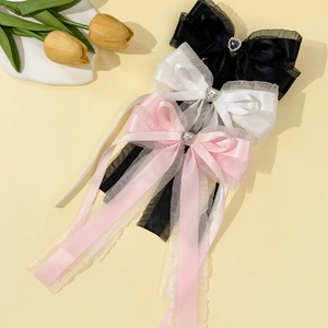 Pince À Cheveux Nœud Élégante Avec Cœur En Strass Et Long Ruban Satin Maille Style Français Accessoires Cheveux Femme