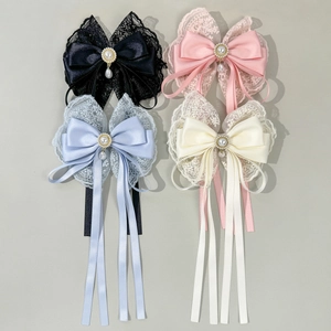 Elegant Lace Bow Hair Clip With Long Streamer Satin Ribbon Artificial Pearl Embellished Alligator Clip For Women Sweet Hair Accessory