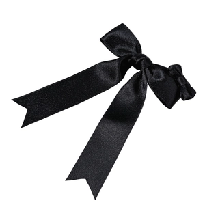 Elegant black satin double layer bow hair clip with long streamers in French vintage style