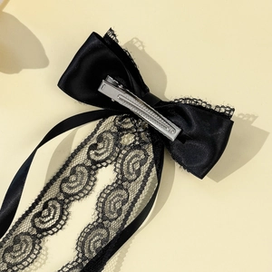 Eleganter schwarzer Satin-Schleifen-Haarclip mit Spitze und langen Bändern für Damen