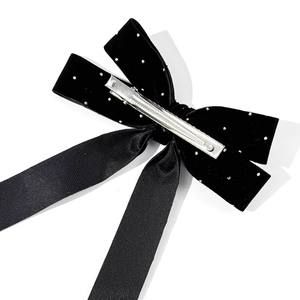 Elegant black velvet rhinestone bow hair clip with long ribbons and metal crocodile clip