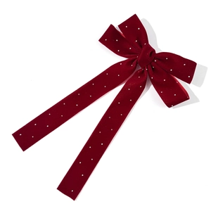 Elegant burgundy velvet bow hair clip with sparkling rhinestones and long ribbon streamers