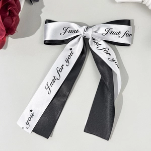 Elegant black and white layered bow hair clip with Just for you printed ribbon