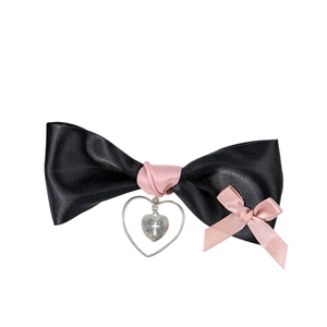 Japanese style black and pink satin bow hair clip with heart cross charm for women
