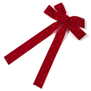 Elegant red velvet bow hair clip with silver rhinestones and long streamers for women