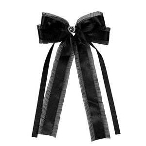Barrette à nœud élégante en tulle noir avec cœur en strass et longs rubans fluides