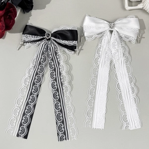 Pince à Cheveux Nœud en Dentelle Gothique Avec Long Ruban Satin Cœur Strass Pendentif Croix Accessoires de Cheveux Lolita pour Femmes