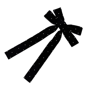 Elegant black velvet bow hair clip with sparkling rhinestones and long flowing ribbons
