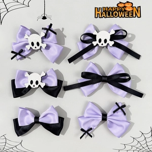 Halloween Bow Hair Clips Gothic Skull Ribbon Hair Pins Cute Quirky Purple Black Duckbill Clip For Women Girls Party Headwear