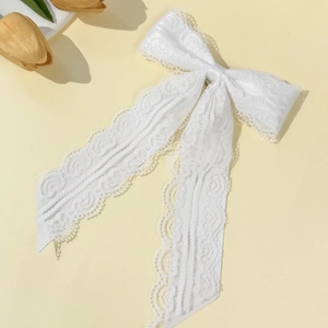 Elegant white floral lace bow brooch with long satin ribbons and sweet academy style