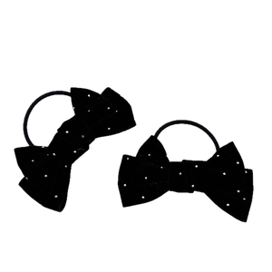 Set of two black velvet bow hair ties with sparkling silver rhinestones and high elastic bands