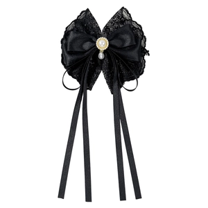 Elegant black lace bow hair clip with pearl drop pendant and long ribbon streamers