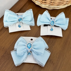 Sweet Light Blue Ribbon Lace Bow Hair Clip With Blue Rhinestone Pendant Elegant Princess Style Hair Accessories For Girls Women